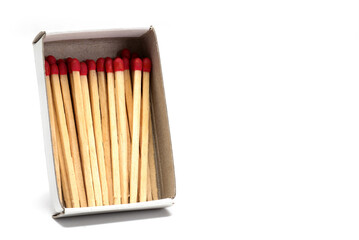 Closeup open match box matches white background