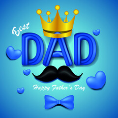 Naklejka premium super dad banner. happy father's day greeting card design with golden crown, mustache and blue heart. celebration illustration for dad.