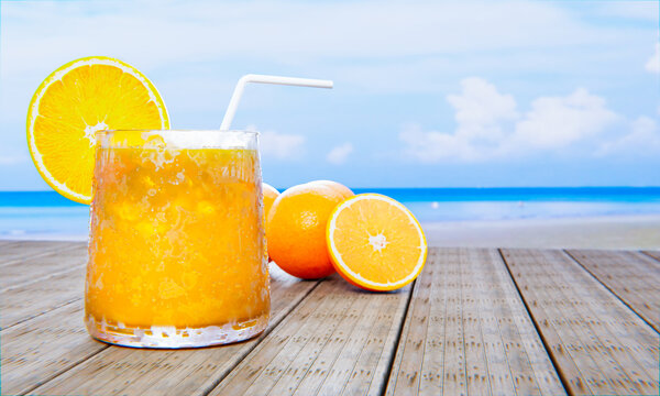 Orange juice in a clear glass with ice cubes and orange juice at the mouth of the glass. Cold drinks placed on the wooden balcony by the sea In the middle of the day. 3D rendering