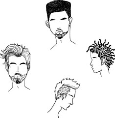 Set of four different isolated male vector hairstyles. 4 male heads. Men. Guys. Boys. Teens. Masculine hair. Monochrome. Line art.
