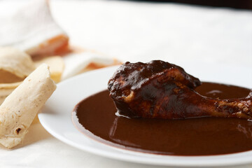 Chicken with mole, tortilla around ready to serve, Mexican tradition, placed on wood
