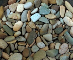 Stream tumbled smooth stones of various types and colors