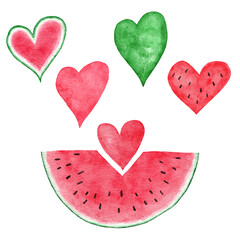 Obraz na płótnie Canvas Watercolor hand drawn illustration of watermelon hearts in red and green colors, summer fruit design for party decoration vegetable background. Natural organic plants, slices, seeds elements, fresh