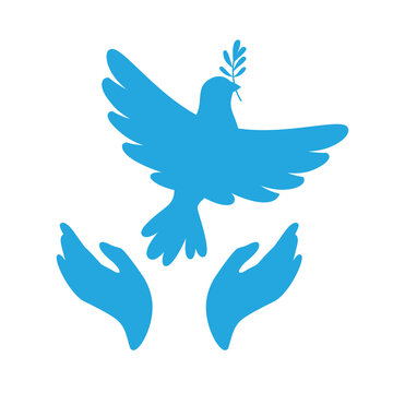 Peace symbol dove in hand silhouette set. Flying bird dove with olive branch sign, pigeon icon. Freedom, Christian, humanity emblem peaceful and no war concept. Isolated simple logo design elements