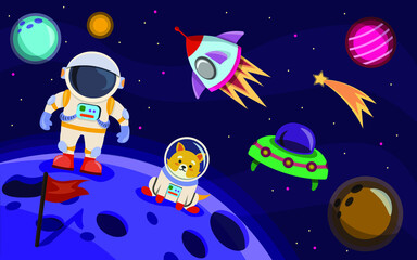 Astronaut and a dog in space. Flat vector illustration. 