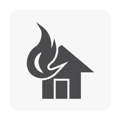 Home or house fire vector icon. May called disaster, accident or emergency. To burn, destruction,  building by flame. Concept for insurance, firefighter, fire alarm system, escape and evacuation.
