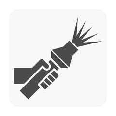 Firefighter or fireman and equipment tool vector icon consist of fire hose pipe, hand, nozzle, high pressure of jet water spray. To training, fire fighter or rescue in emergency accident for safety.
