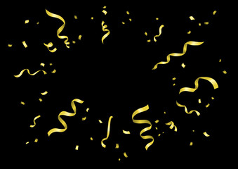 Vector illustration of gold-colored confetti on black background.