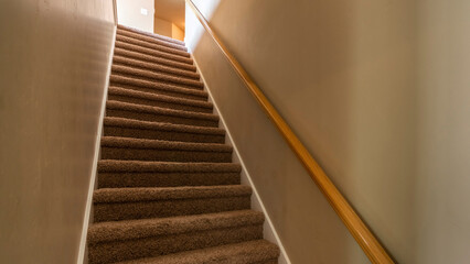 Panorama Carpeted basement stairs with wall mounted wooden handrail
