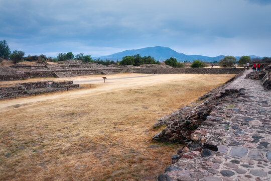 Avenue of the Dead at Teotihuacán, an ancient city and archeological site in Central Mexico. The wide road links the Temple of Quetzalcoatl, the Pyramid of the Moon and the Pyramid of the Sun.