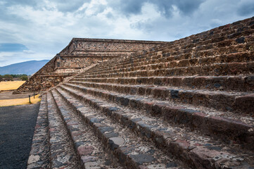 Stairs perspective at the Citadel, a large ancient plaza at Teotihuacán in Central Mexico The ruined city of Teotihuacan contains residences, great plazas, temples, and palaces of nobles and priests.