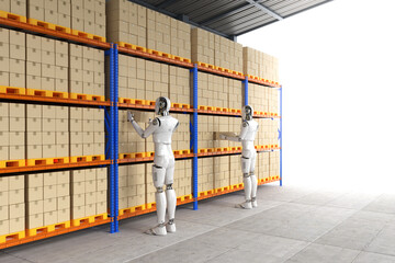 Automation warehouse concept with cyborg work in warehouse