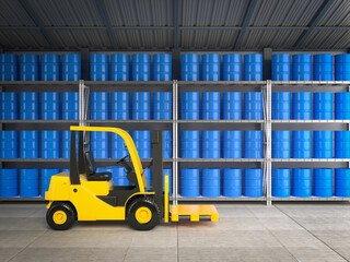 Forklift truck with blue barrels in warehouse