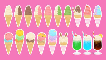 Vector illustration of ice cream stickers with various flavors isolated on background.