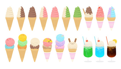 Vector illustration of ice cream with various flavors isolated on background.