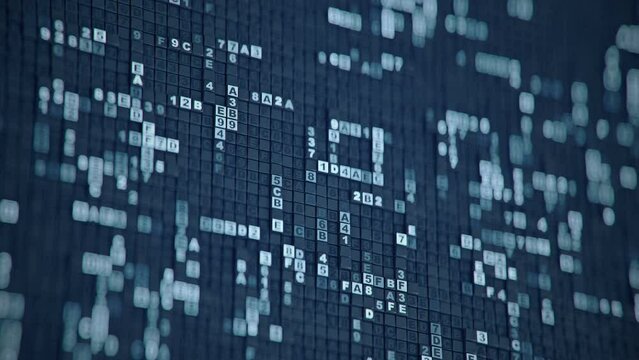 Hexadecimal big data digital code. Futuristic information technology concept. Computer generated seamless loop 3D render animation with DOF