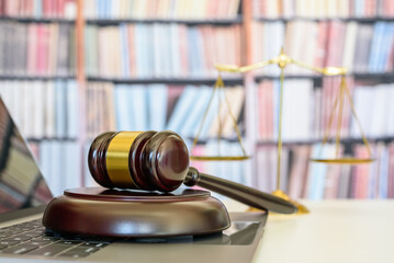 Legal office of lawyers, justice and law concept : Judge gavel or a hammer and a base used by a...