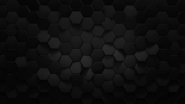Black hexagonal honeycomb background. Seamless loop 3D render animation