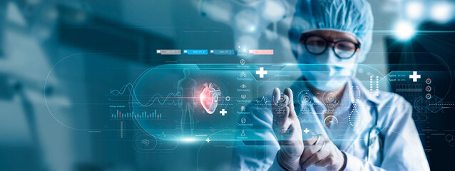 Medicine doctor cardiologist diagnose and examine patient virtual heart with intelligence software...