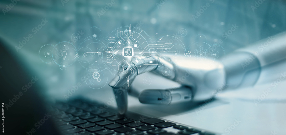 Fototapete AI Learning and Artificial Intelligence. Futuristic robot working with laptop for coding or developing business and technology internet and networking, Machine Learning, Data science, Data Analyst.