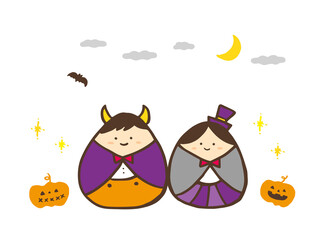 かわいいハロウィンのコスプレの人物とおばけかぼちゃ／手描きイラスト素材