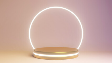 3D rendering of golden podium with light background. Beautiful golden stage with ring light backdrop. Golden display with pink background.