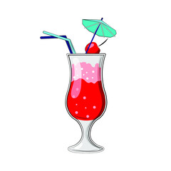Summer cocktail with a straw. Drink in a glass. Vector illustration. White background.