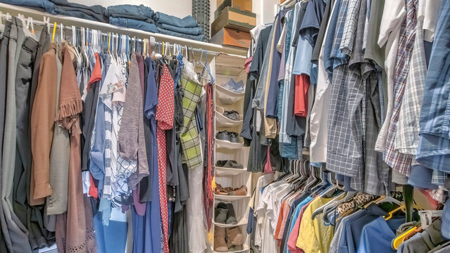 Panorama Walk-in Closet With Hanging Linen Shoe Rack And Clothes