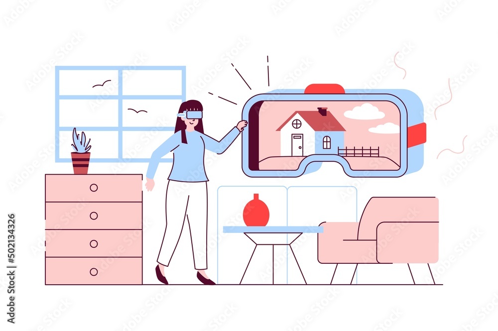 Fototapete augmented reality concept in flat line design. woman using vr headset for working with graphic proje
