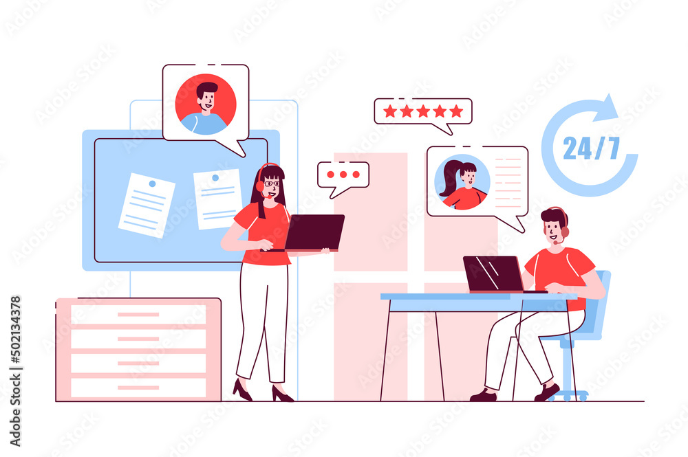 Poster call center concept in flat line design. man and woman operators in headphones talking with clients,