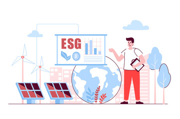 ESG concept in flat line design. Environmental, Social and Governance. Man developing business strategy using green and eco friendly technology. Vector illustration with outline people scene for web