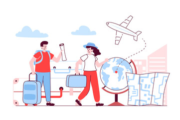 Travel vacation concept in flat line design. Man and woman with suitcases and backpack go on international plane trip. Global tourism recreation. Vector illustration with outline people scene for web