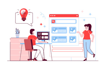 Designer studio concept in flat line design. Man and woman working together at creative project, generate ideas and making layout of websites. Vector illustration with outline people scene for web