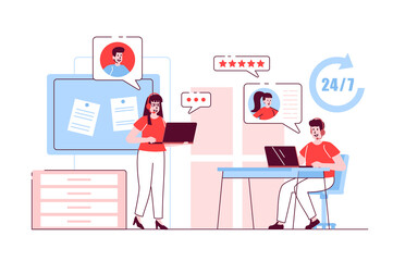 Call center concept in flat line design. Man and woman operators in headphones talking with clients, consulting, receiving questions and feedback. Vector illustration with outline people scene for web