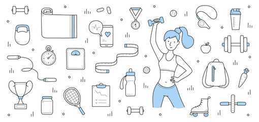 Fitness, healthy lifestyle background with doodle icons. Woman exercise with dumbbells, roller skates, pills and mobile app, water bottle, meter, shaker, weight, medal, stopwatch Linear vector design