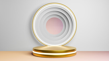 3D rendering of golden podium with light background. Beautiful golden stage with ring light backdrop. Golden display with pink background.
