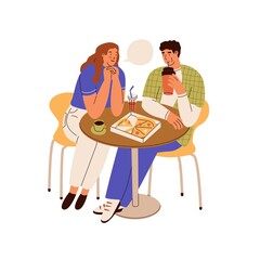 Woman talking with man at a table in a restaurant. Couple eat pizza in cafe. Fast food, cafeterias of the food court in the mall, communication. Vector illustration in cartoon style. Isolated.