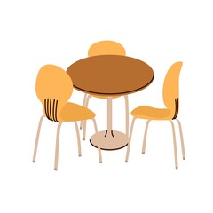 Table and three plastic chairs. Furniture for a cafe, restaurant or dining room, Meeting room. Talking together concept. Flat style in vector illustration. Isolated elements.