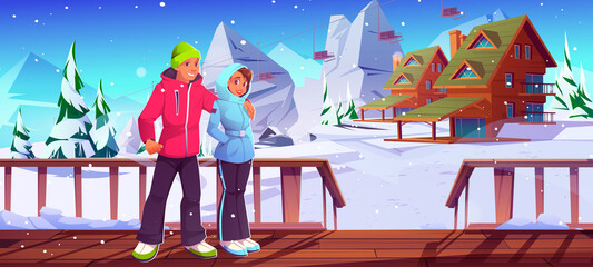 Young couple on ski resort, man and woman in winter clothes hugging wooden terrace at snowy landscape with mountains, cottage and funicular, people relax, outdoor activity, Cartoon vector illustration