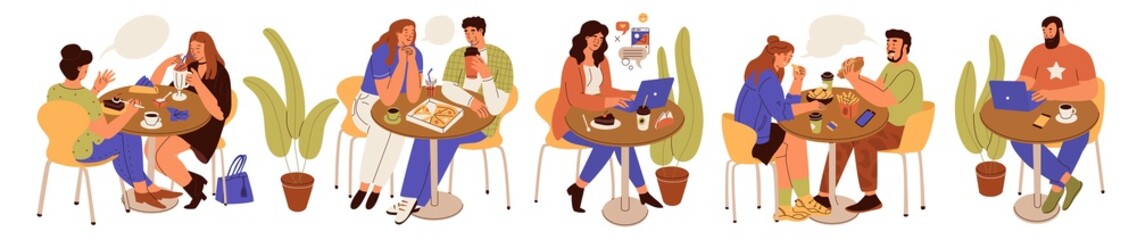 People relaxing and talks in cafe. Men and women have lunch or work in the food court. Freelancer works on laptop at restaurant. Loft office for coworking with a cafe. Flat style vector illustration.
