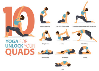 10 Yoga poses or asana posture for workout in unlock your quads concept. Women exercising for body stretching. Fitness infographic.  - obrazy, fototapety, plakaty