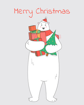 Christmas Card, Seasons greetings. Polar bear holds gifts in its paws. Winter sale, shopping. 