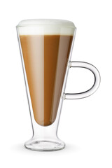 Latte coffee in a transparent glass cup isolated.