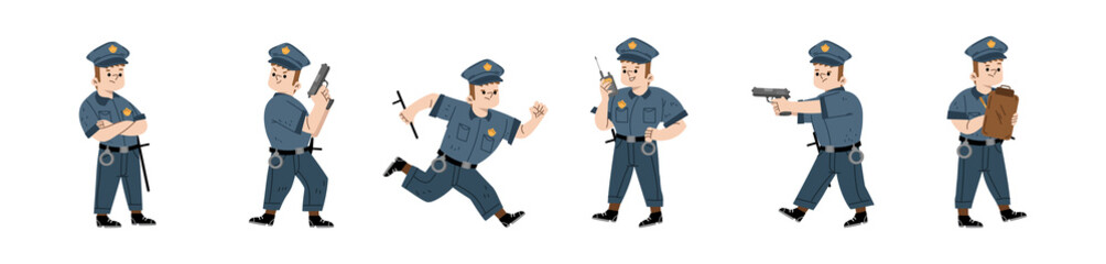 Kid in policeman costume with cap, baton and handcuffs. Vector flat illustration of boy playing police officer with walkie talkie, aiming with gun and write traffic ticket isolated on white background