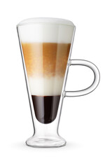 Cup of layered coffee mocha isolated on white.