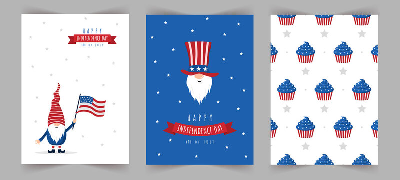 Set of Independence day celebration greeting cards. Patriotic american gnome. National freedom day. Vector illustration in cartoon style. Cute holiday backgrounds with festive 4 of july elements.