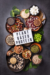 Variety of vegan, plant based protein food, legumes, lentils, beans