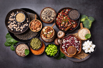 Variety of vegan, plant based protein food, legumes, lentils, beans