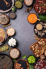 Variety of vegan, plant based protein food, legumes, lentils, beans