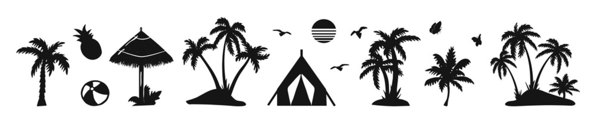 summer set vector silhouette. tropical set vector silhouette. summer vacation set. Set of illustrated palm tree leaves silhouettes. camping in the tropics vector